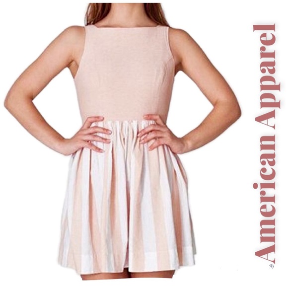 american apparel skater dress pink American Apparel Pink long sleeve Deep V skater dress elastic waist Small